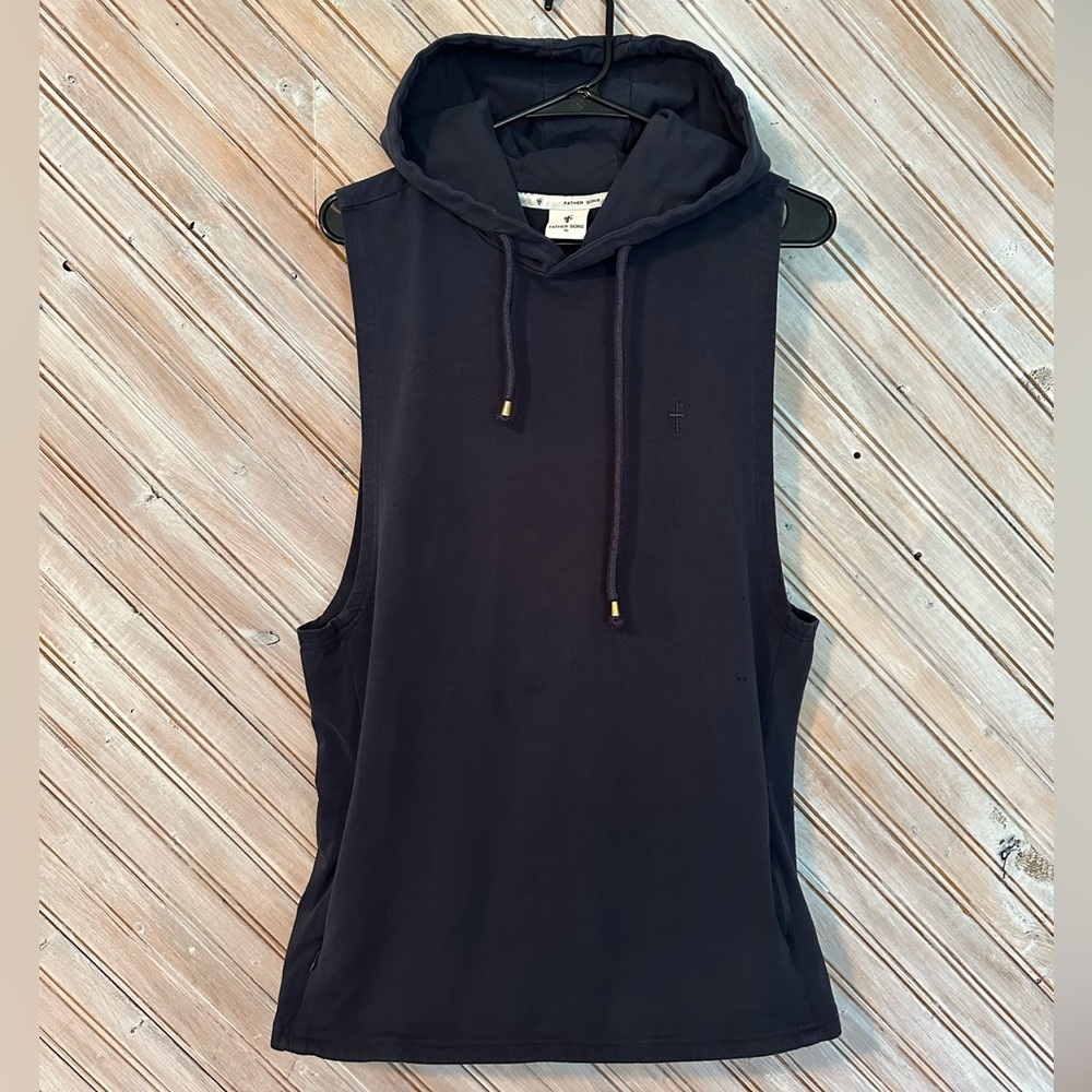 Father Sons Stylish Sleeveless Navy Hoodie Strings Tube Front Pocket Athletic